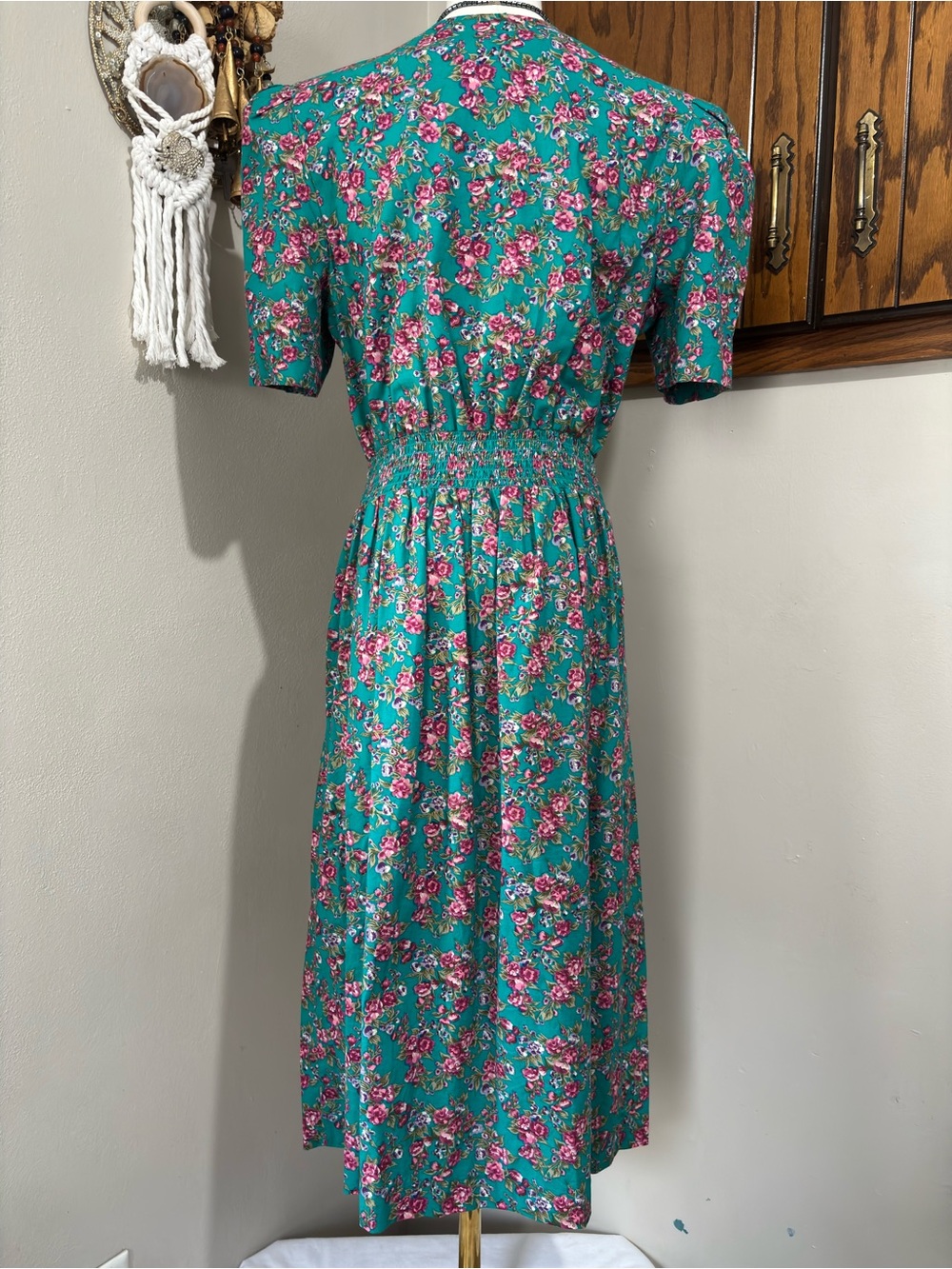Miss Dorby Vintage Green and Pink Dress with Lace Yolk Collar Size 12P 80s Retro - Picture 5 of 10